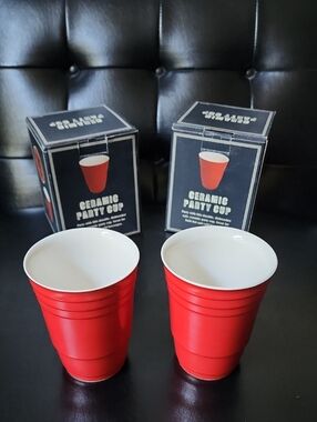 2 New Ceramic Red Solo Cup Party Cups Novelty Barware Set NIB